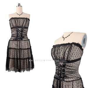 Vintage McClintock Mini Dress Cocktail Gown 12 Black Tan Corset Goth Lace 90S